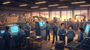 Fábrica moderna com trabalhadores diversos e atmosfera de esperança, representando paz kantiana crise marxista