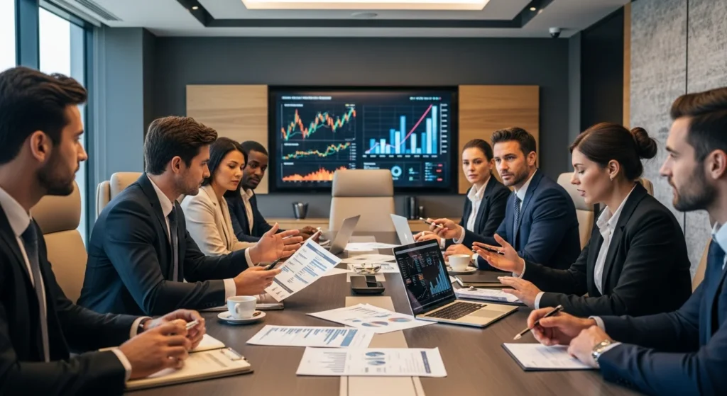 Cena de reunião com pessoas analisando documentos financeiros, focando na decisão e confiança sobre rearp tudo regime atualização