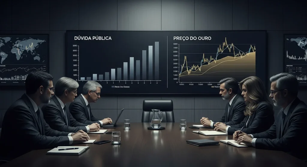 EUA: Ouro e Bitcoin como 'arma secreta' para apagar US$37 trilhões em dívida até 2027 e impactar sua riqueza! 1 Sala de reuniões com políticos e economistas discutindo estratégia secreta EUA como ouro e Bitcoin para reduzir dívida