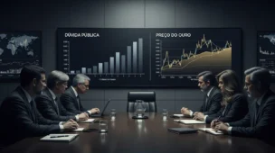 Sala de reuniões com políticos e economistas discutindo estratégia secreta EUA como ouro e Bitcoin para reduzir dívida