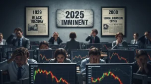 Cena de mercado financeiro em crise com investidores preocupados, telas com gráficos descendentes e quadros de jornais de 1929, 2008 e sinais de 2025, destacando o padrão secreto 8216 smart