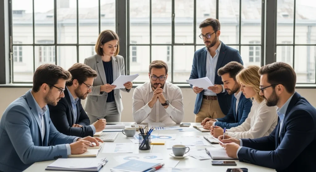 IRRF em Publicidade: Agência ou Órgão Público? A Receita Federal Define Quem Paga o Imposto em 2025 1 Cena de agência de publicidade com profissionais discutindo, destaque para o IRRF publicidade agência ou