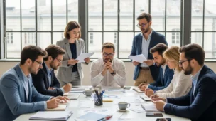 Cena de agência de publicidade com profissionais discutindo, destaque para o IRRF publicidade agência ou
