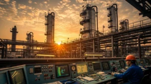 Fábrica de petróleo antiga ao amanhecer com silhuetas de trabalhadores, simbolizando o 'sistema Rockefeller 8216 playbook' de controle industrial