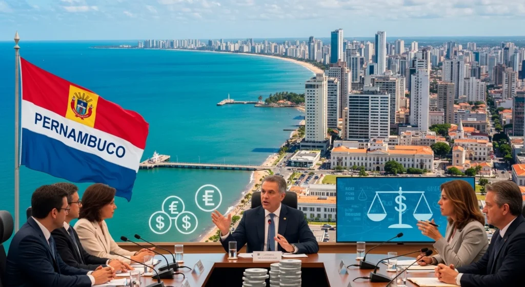 Pernambuco quer IBS e CBS na base do ICMS em 2026: Risco de judicialização se PLP 16/2025 não avançar 1 Panorama de Recife com discussão política, bandeira de Pernambuco e símbolos fiscais, destacando Pernambuco defende IBS CBS