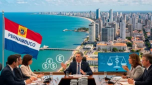 Panorama de Recife com discussão política, bandeira de Pernambuco e símbolos fiscais, destacando Pernambuco defende IBS CBS