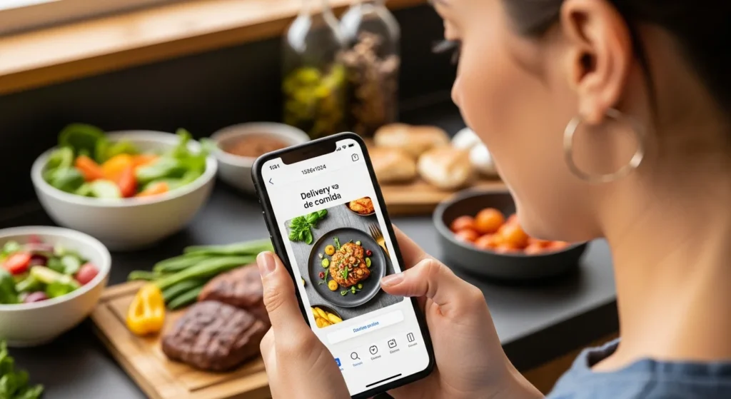 Pessoa com smartphone verificando uma foto de comida em app de delivery, alertando consumidor fotos IA