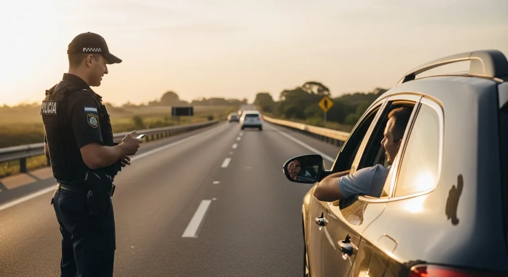 CNH: Avaliação Psicológica na Renovação Agora é Lei! Veja o Que Muda para Motoristas Brasileiros 1 Imagem de um policial ou psicólogo conversando com um motorista ao lado do veículo na estrada ao amanhecer, representando avaliação psicológica de motoristas brasileiros.