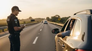 Imagem de um policial ou psicólogo conversando com um motorista ao lado do veículo na estrada ao amanhecer, representando avaliação psicológica de motoristas brasileiros.