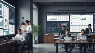 Imagem horizontal de profissionais fiscais e empresários analisando documentos fiscais em um escritório moderno, destacando elementos tecnológicos na transição tributária