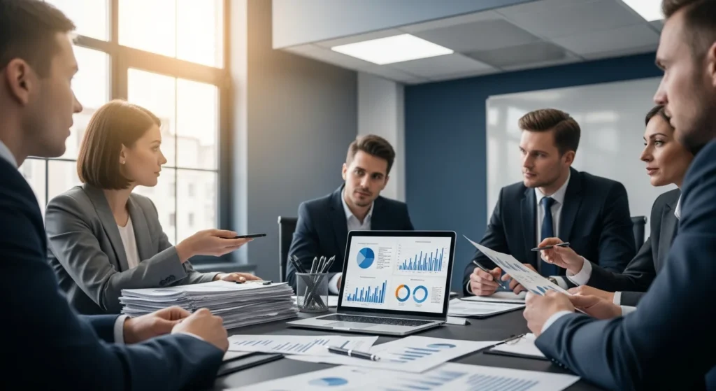 Distribuição Desproporcional de Lucros: O Guia Essencial para Sócios e Empresas no Brasil (Lei, STJ e Ata) 1 Reunião de sócios em escritório com gráficos financeiros, discutindo distribuição de lucros desproporcionalmente guia