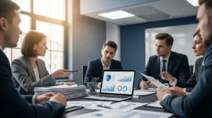 Reunião de sócios em escritório com gráficos financeiros, discutindo distribuição de lucros desproporcionalmente guia