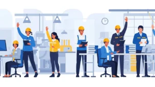 Imagem de trabalhadores em fábrica e escritório com expressão de confiança, destacando a decisão do STF sobre contribuição assistencial.