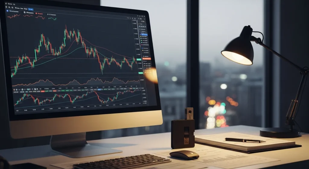 Lei do Bitcoin “Oculto”: novo programa de regularização cobra 30% sobre cripto não declarado e promete perdão de dívidas e crimes fiscais 1 Imagem horizontal de uma mesa de trabalho com computador, carteira de Bitcoin e documentos financeiros, destacando o tema do governo Lula sancionando lei de criptomoedas.