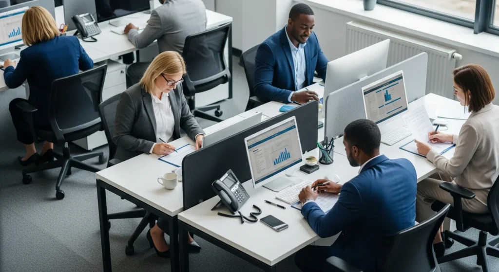 Software Licenciado Paga Imposto? Receita Federal Define Regras de IRRF e CSRF 1 Imagem de escritório moderno com profissionais analisando contratos de software licenciado paga imposto, gráficos e computadores.