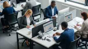 Imagem de escritório moderno com profissionais analisando contratos de software licenciado paga imposto, gráficos e computadores.