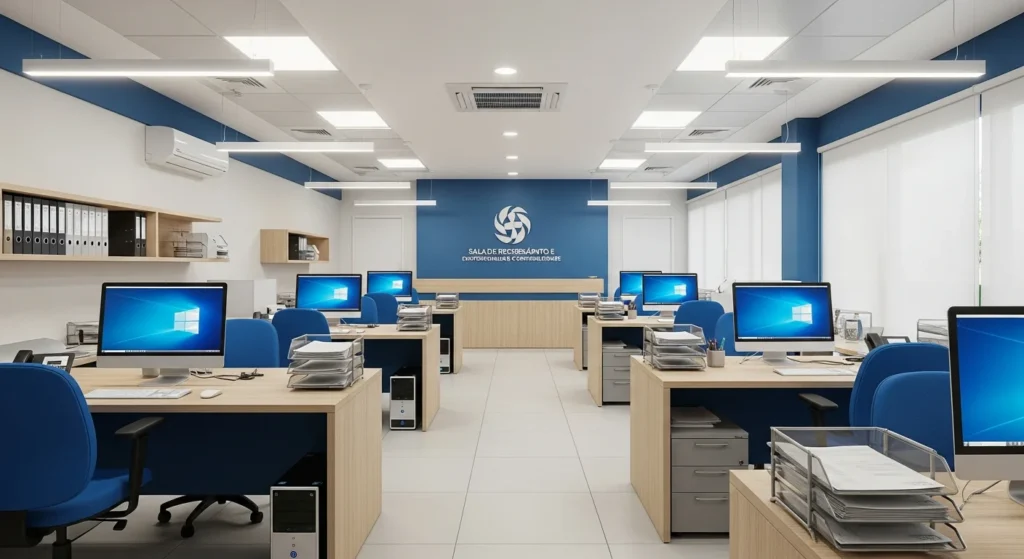 Reforma tributária: Receita Federal lança Módulo de Administração Tributária (MAT) para simplificar abertura de empresas, integrar dados e permitir opção ao Simples no CNPJ 1 Sala moderna com empresários e contadores utilizando computadores, exibindo símbolo do CNPJ e gráficos, representando reforma tributária governo lança