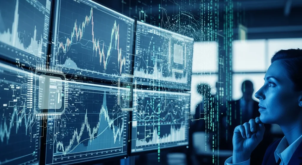 Imagem de uma sala de operações financeiras com monitores, chips e dados digitais, representando a bolha inteligência artificial que ameaça a economia.