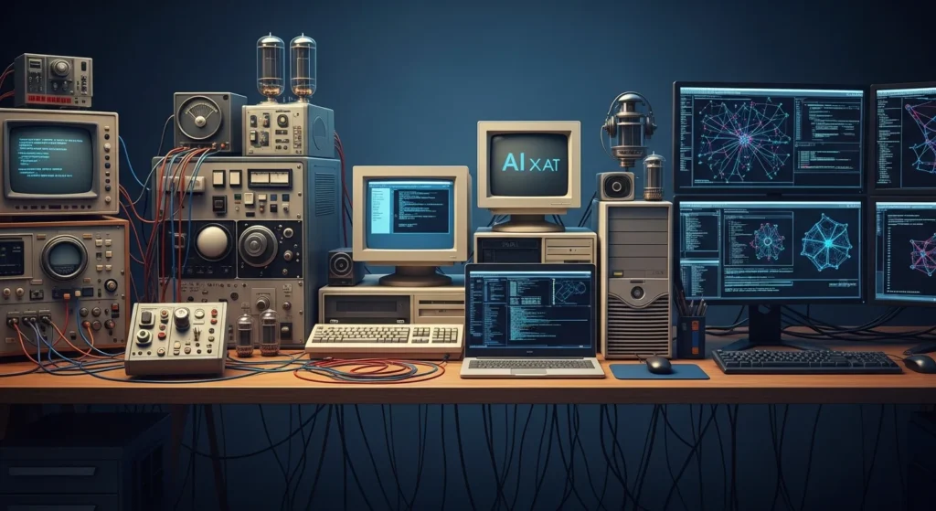 70 anos de IA: como a pergunta de Alan Turing desencadeou uma jornada que hoje produz máquinas capazes de desafiar nossa noção do que é humano e impactar o cotidiano 1 Imagem de mesa com computadores antigos e modernos simbolizando 70 anos de IA com luz tecnológica