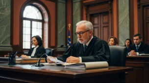 Imagem horizontal de uma sala de tribunal com decisão judicial e família preocupada, simbolizando o fim herança automática cônjuges.