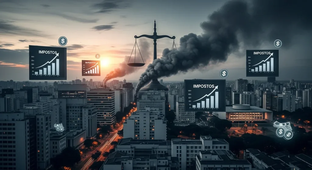 Reforma Tributária: Carga Fiscal de Holdings Patrimoniais Dobra para 24,06%! Veja o Impacto Devastador em Locadores e Investidores de Imóveis no Brasil. 1 Cena de cidade brasileira ao entardecer com balança de justiça e gráficos de impostos, ilustrando a reforma tributária enforca locador