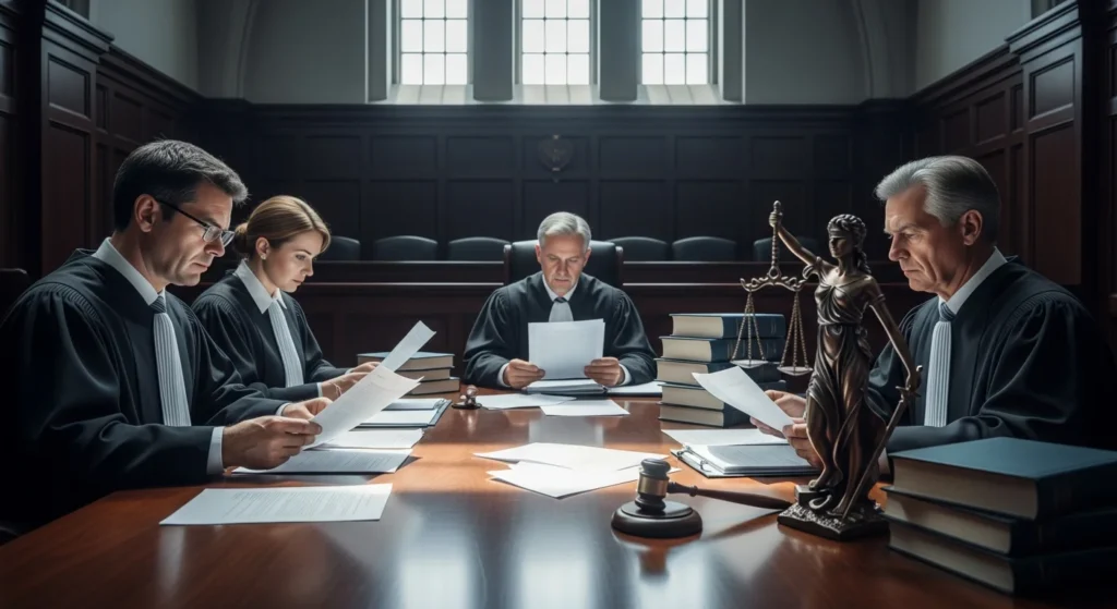 CARF Outubro 2025: Novas Regras para Ganho de Capital, IOF e PLR que Sua Empresa Precisa Saber! 1 Imagem de uma sala de tribunal fiscal com juízes analisando documentos, refletindo a seriedade das novas regras do CARF