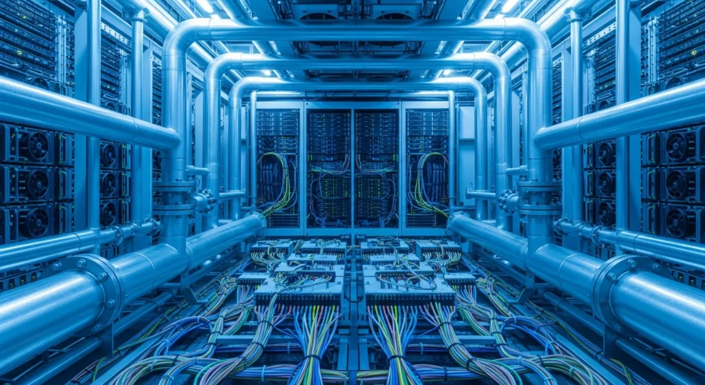 IA: A Gota que Engana? O Verdadeiro Custo Hídrico e Energético da Inteligência Artificial no Brasil 1 Sala de data center com servidores, tubos de refrigeração e gotas de água condensando, representando a IA 8220 Gota 8221.
