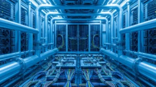 Sala de data center com servidores, tubos de refrigeração e gotas de água condensando, representando a IA 8220 Gota 8221.