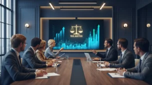Sala de reuniões com investidores analisando gráficos financeiros sobre lucros, dividendos e isenção, destaque para balança de justiça tributária