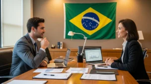 Imagem de reunião com empreendedor e contador discutindo negócios, destacando abrir sua empresa contador.