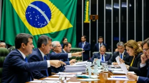 Cena de reunião do Senado sobre bets fintechs sobem impostos, senadores discutem acaloradamente com bandeira do Brasil ao fundo