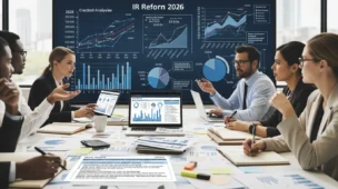 Imagem sobre IR 2026 cinco mitos mostrando discussão com gráficos financeiros e documentos