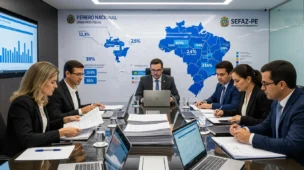Reunião moderna com representantes da Sefaz-PE discutindo documentos fiscais, gráficos e mapas do Brasil, transmitindo clareza sobre o IBS