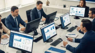 Reunião na Receita Federal com funcionários analisando telas e gráficos, destacando a palavra-chave cbs ibs 2026 guia
