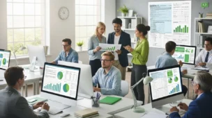 Cena de equipe de trabalhadores em escritório com documentos e computadores, cores neutras e verdes, simbolizando economia e alívio fiscal, relacionado ao INSS Patronal Salário Maternidade.