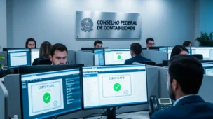 Cena de escritório de contabilidade com profissionais usando computadores com certificados digitais, destaque para placa do CFC e expressão de concentração, vermelho para decore eletrônica cfc endurece.
