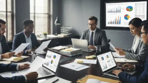 Imagem de escritório corporativo com equipe analisando documentos fiscais relacionados à receita federal aperta cerco