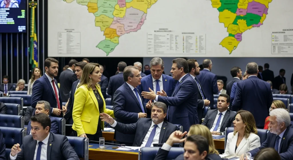 Reforma Tributária 2026: O Caos se Instala! Estados Brasileiros Divergem Fortemente sobre a Inclusão de IBS/CBS na Base do ICMS. 1 Imagem de assembleia legislativa com representantes estaduais debatendo sobre reforma tributária 2026, mapas do Brasil ao fundo