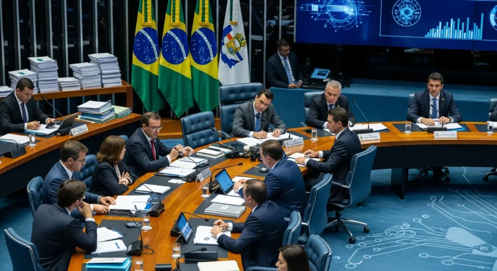 Senado aprova extensão de benefício tributário para telecomunicações até 2030: O que muda para a Internet das Coisas e o setor no Brasil? 1 Sessão do Senado discutindo ampliação de benefício tributário para telecomunicações, com foco na mesa de debates e bandeiras brasileiras