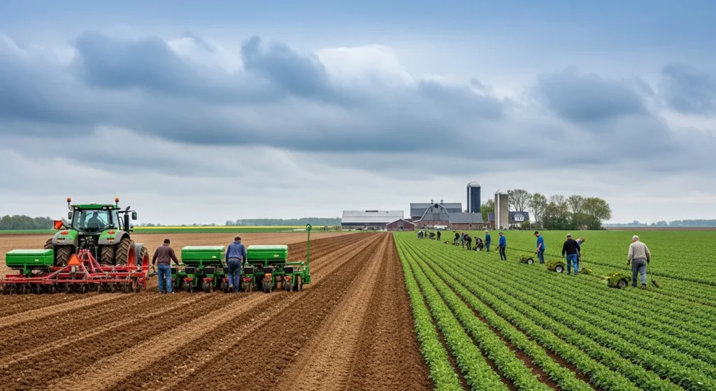 Arrendamento Rural x Parceria: descubra as diferenças fiscais que podem reduzir seus impostos e evitar multas da Receita Federal na declaração do Imposto de Renda 1 Imagem de campo agrícola com agricultores, tratores e fazenda ao fundo, destacando a relação com rascunho rural