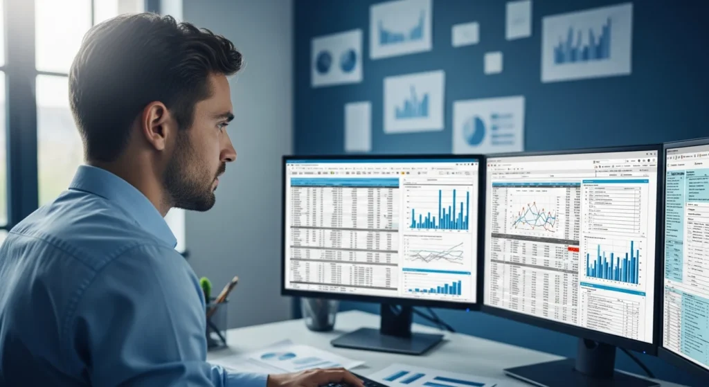 Profissional analisando dados fiscais em telas, destacando resenha tributária como informação estratégica.