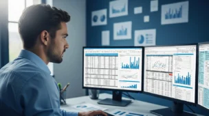 Profissional analisando dados fiscais em telas, destacando resenha tributária como informação estratégica.