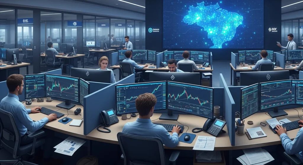 Receita Federal na cola dos criptoativos: 25 mil CPFs com Bitcoin não declarado! Aprenda a declarar suas criptos e fuja da malha fina HOJE! 1 Cena de sala de banco, investidores analisando telas com gráficos de criptomoedas e mapa do Brasil destacando investidores, relacionado à receita federal cerca investidores.