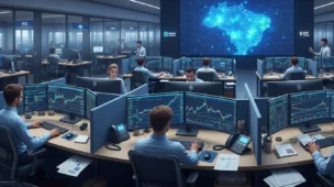 Cena de sala de banco, investidores analisando telas com gráficos de criptomoedas e mapa do Brasil destacando investidores, relacionado à receita federal cerca investidores.