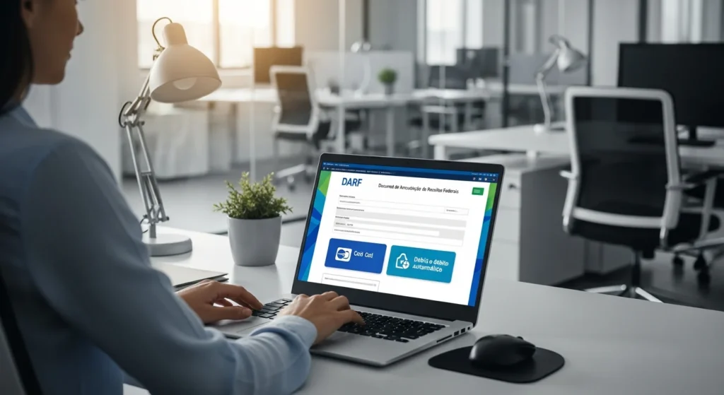 Receita Federal Revoluciona: Pague seu DARF com Cartão de Crédito ou Débito Automático! Novas Opções para Empresas e Contribuintes. 1 Pessoa usando computador com tela exibindo pagamento darf cartão crédito em escritório moderno