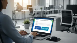 Pessoa usando computador com tela exibindo pagamento darf cartão crédito em escritório moderno