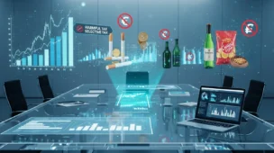 Imagem realista em 3D de uma reunião futurista sobre imposto seletivo ministra stj, com gráficos, moedas e documentos
