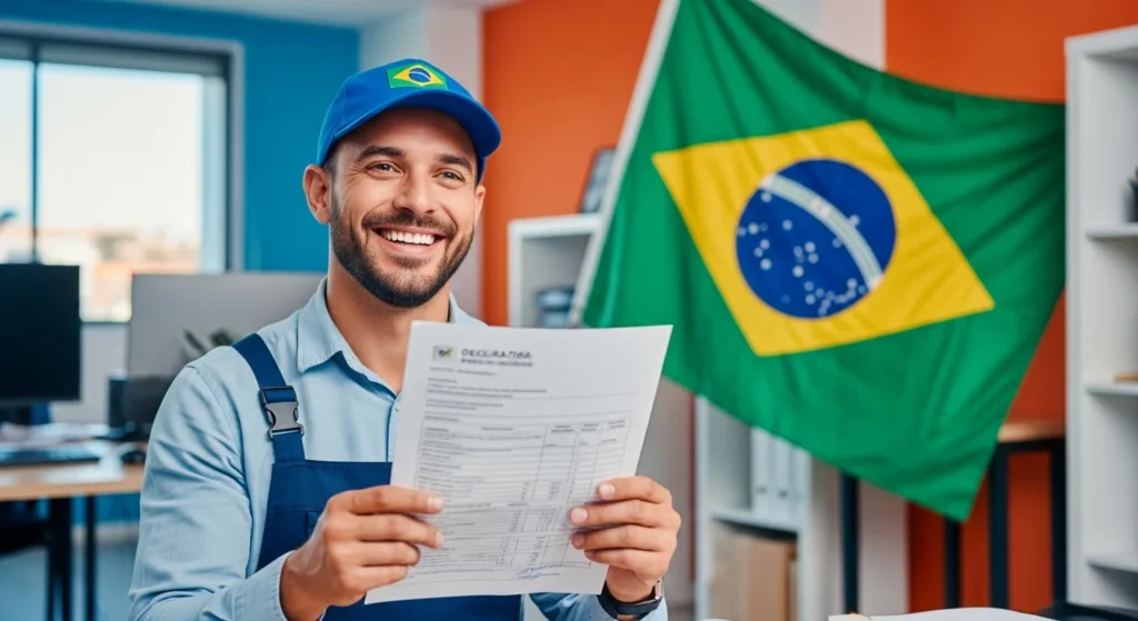 Nova Isenção do Imposto de Renda: Lula Sanciona Lei que Libera R$ 4.356 para Quem Ganha até R$ 5 Mil! Entenda as Mudanças. 1 Imagem de trabalhador sorridente segurando documento de imposto renda com fundo de escritório e bandeira do Brasil, promovendo entender a nova