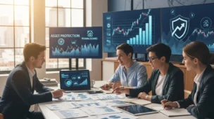 Imagem de equipe em escritório analisando documentos e imóveis, com gráficos de crescimento, destacando reforma tributária holding patrimonial.