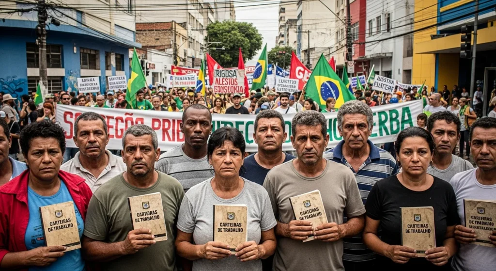 Isenção de IR até R$5 mil: Quem Realmente Paga a Conta e o Impacto no Seu Bolso? Descubra a Verdade por Trás da Proposta. 1 Cena de rua urbana brasileira com trabalhadores, manifestação e diversidade social, destacando a isenção de IR até R$5 mil.